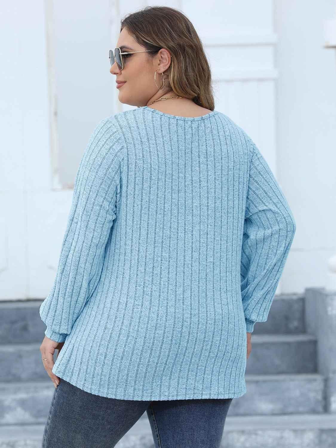Plus Size Ribbed V-Neck Long Sleeve Top - GiFTiFY