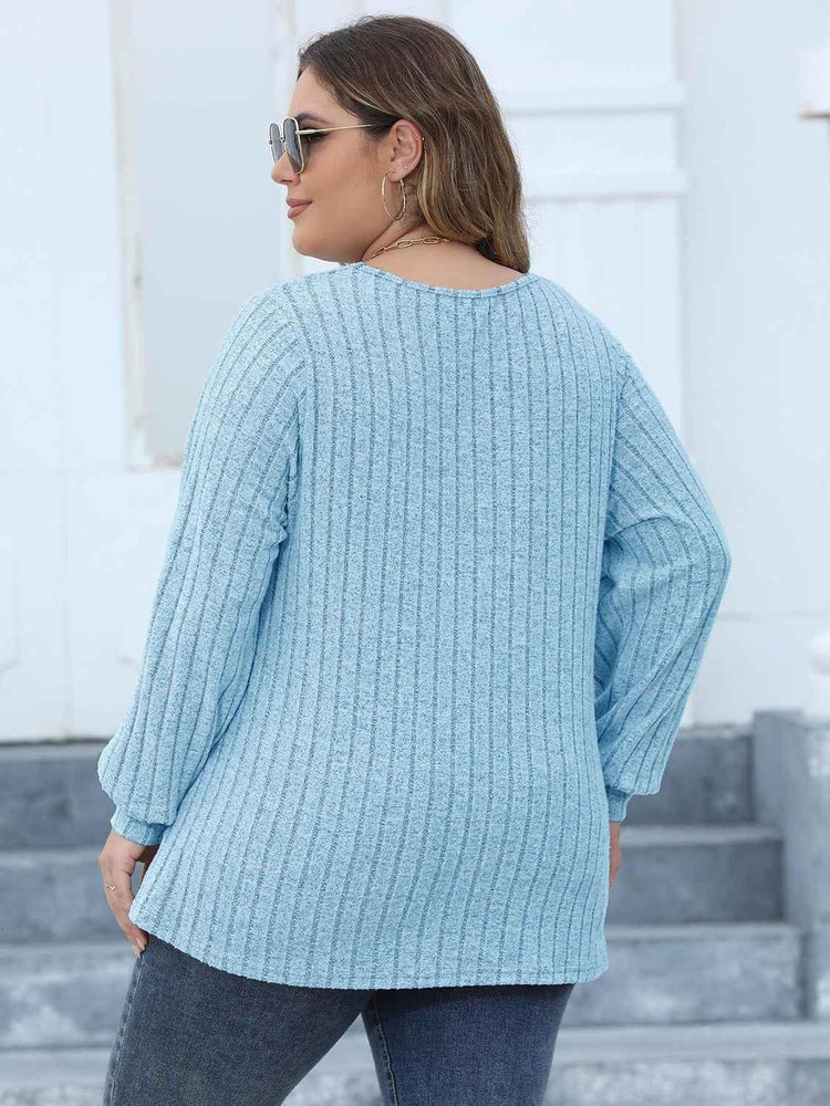 Plus Size Ribbed V-Neck Long Sleeve Top - GiFTiFY