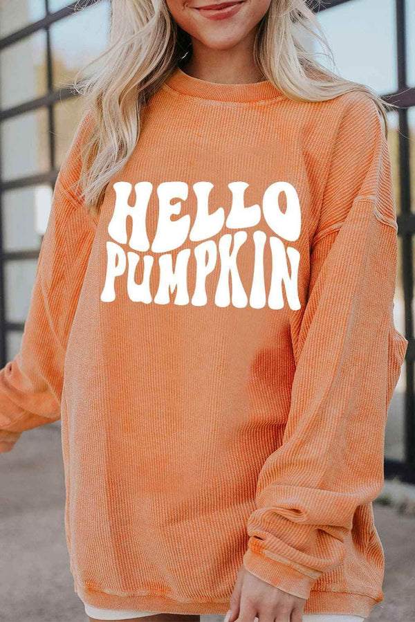 Round Neck Dropped Shoulder HELLO PUMPKIN Graphic Sweatshirt - GiFTiFY
