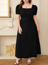 Plus Size Square Neck Puff Sleeve Midi Dress - GiFTiFY