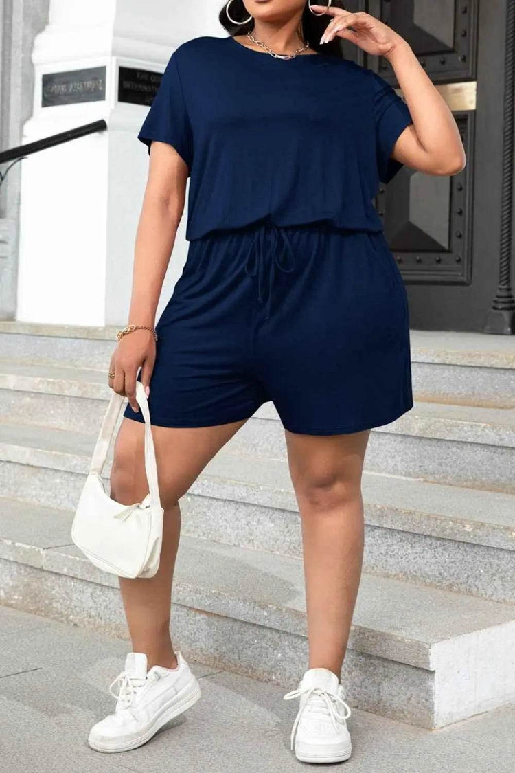 Plus Size Drawstring Waist Romper with Pockets - GiFTiFY
