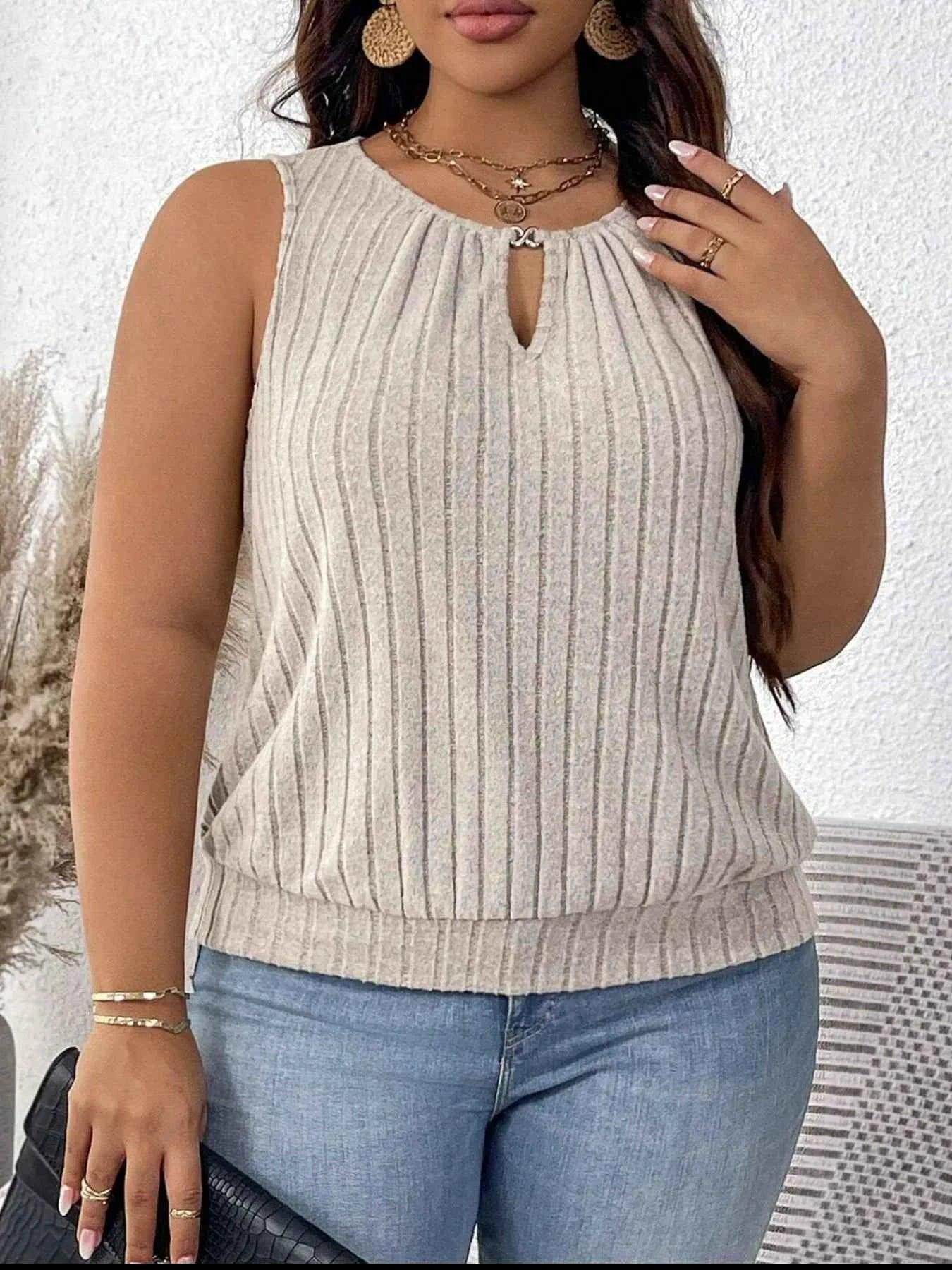 Plus Size Ribbed Knit Keyhole Tank Top - GiFTiFY