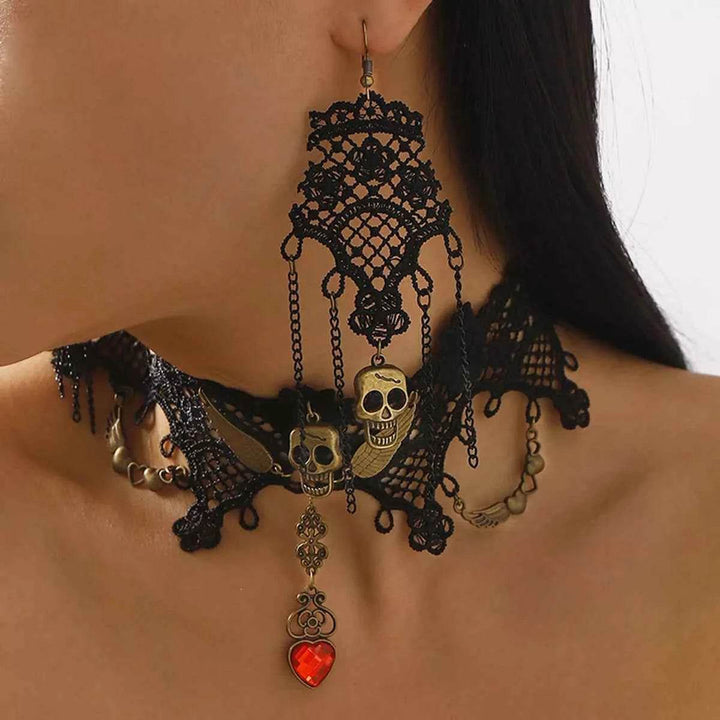 Halloween Lace Skull Necklace and Earrings Jewelry Set - GiFTiFY