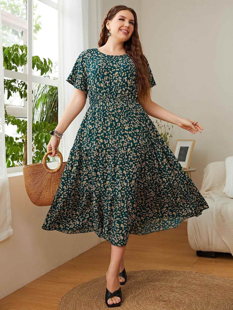 Honey Plus Size Floral Round Neck Short Sleeve Midi Dress women Attire by Trendsi