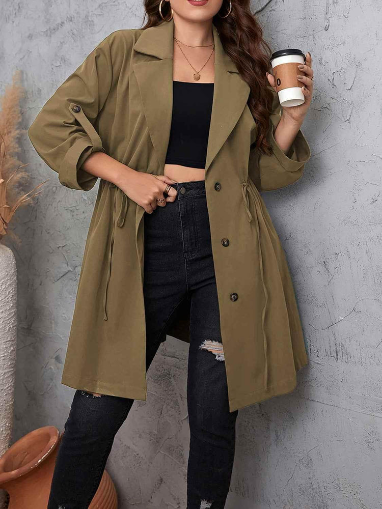 Honey Plus Size Lapel Collar Drawstring Roll-Tab Sleeve Trench Coat - GiFTiFY