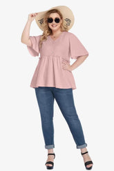 Plus Size Buttoned V-Neck Frill Trim Babydoll Blouse - GiFTiFY