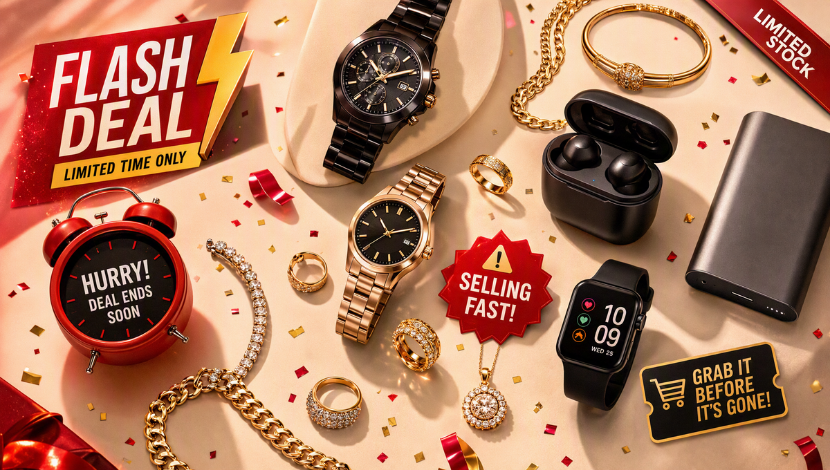 Flat-lay of wristwatches, gold jewelry, and compact tech gadgets on a warm cream surface with confetti for GiFiFY flash deals