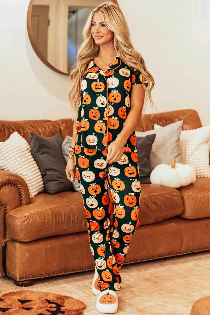 Pumpkin Printed Short Sleeve Top and Pants Lounge Set - GiFTiFY
