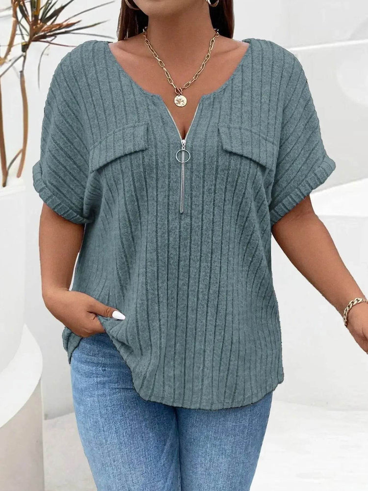 Plus Size Ribbed Half Zip Relaxed Fit T-Shirt - GiFTiFY