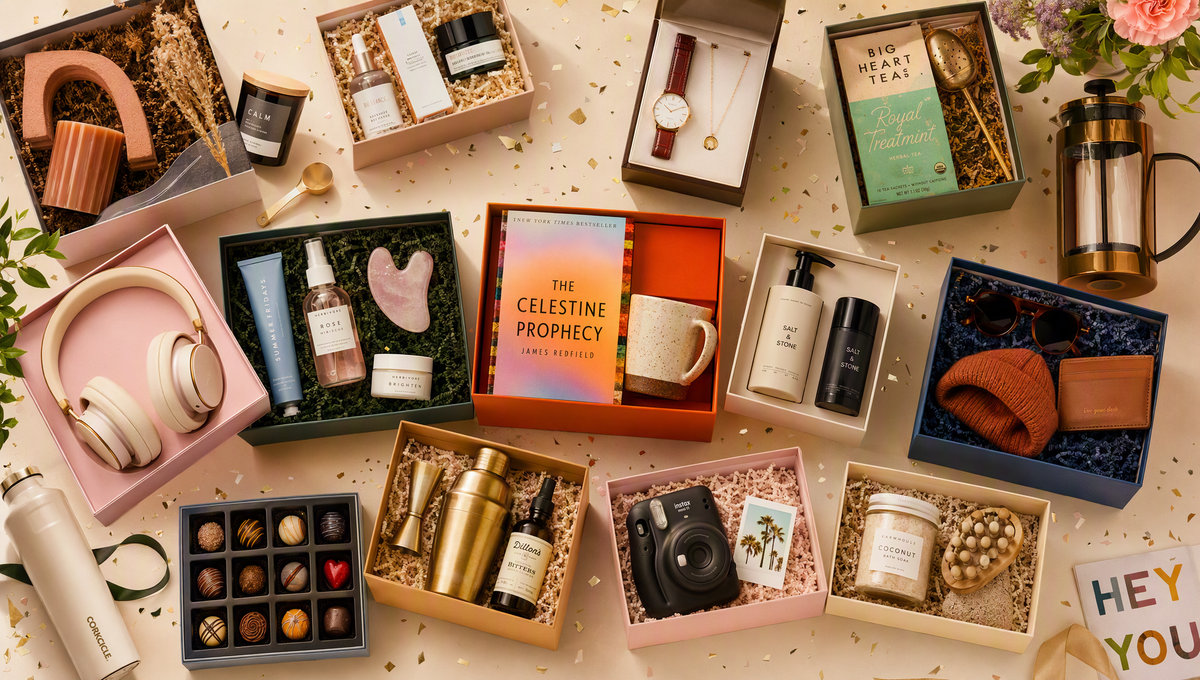 Top-down flat lay showing a spread of gifts spanning every category in the store