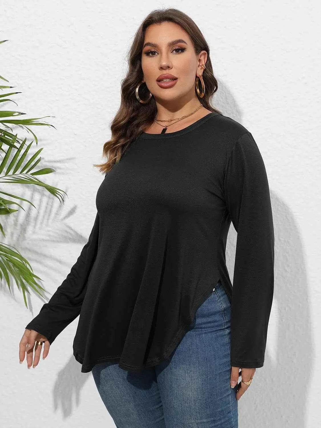 Plus Size Round Neck Long Sleeve Slit T-Shirt - GiFTiFY