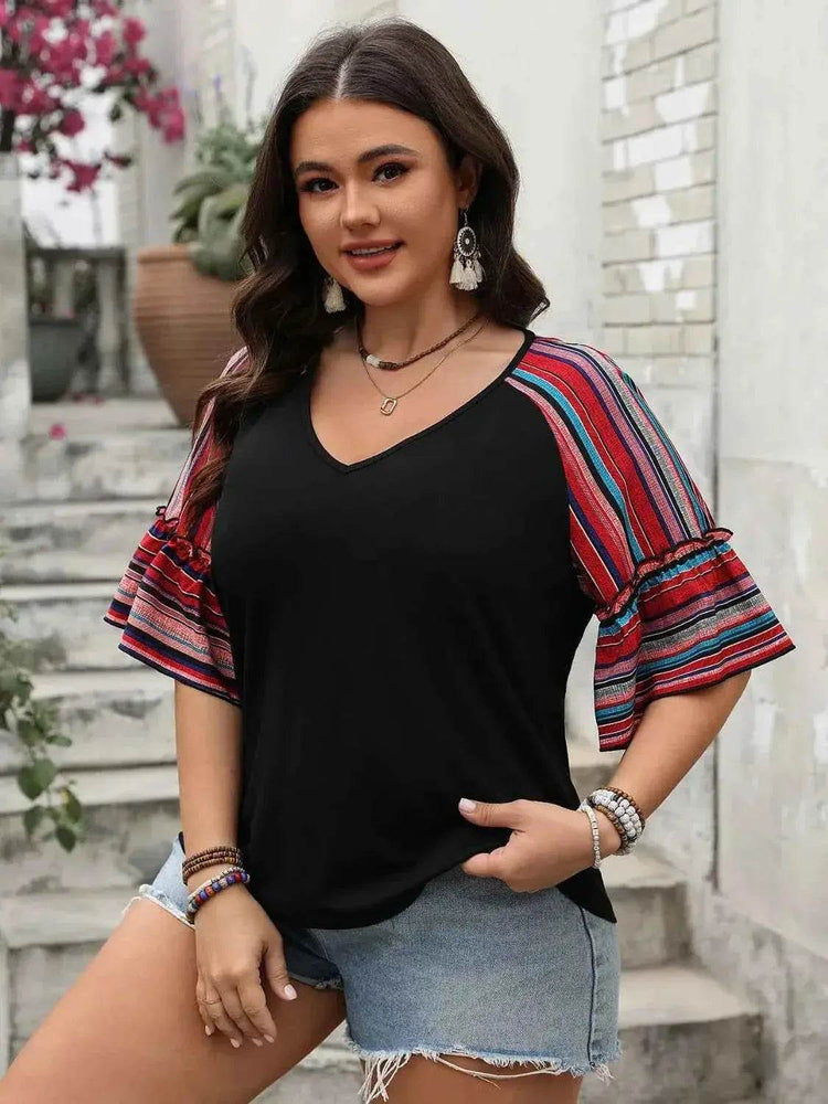 Plus Size V-Neck Flounce Sleeve Top - GiFTiFY