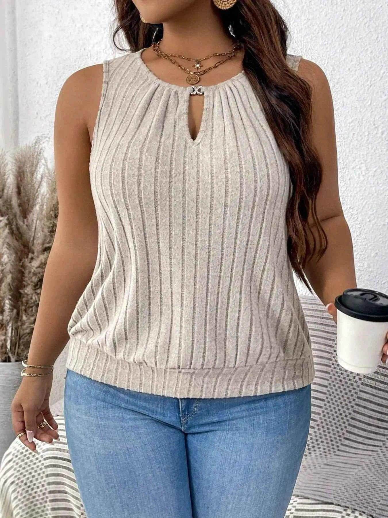 Plus Size Ribbed Knit Keyhole Tank Top women Attire by Trendsi