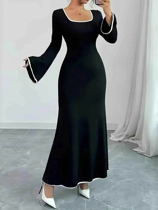 Plus Size Contrast Trim Square Neck Long Sleeve Maxi Dress - GiFTiFY