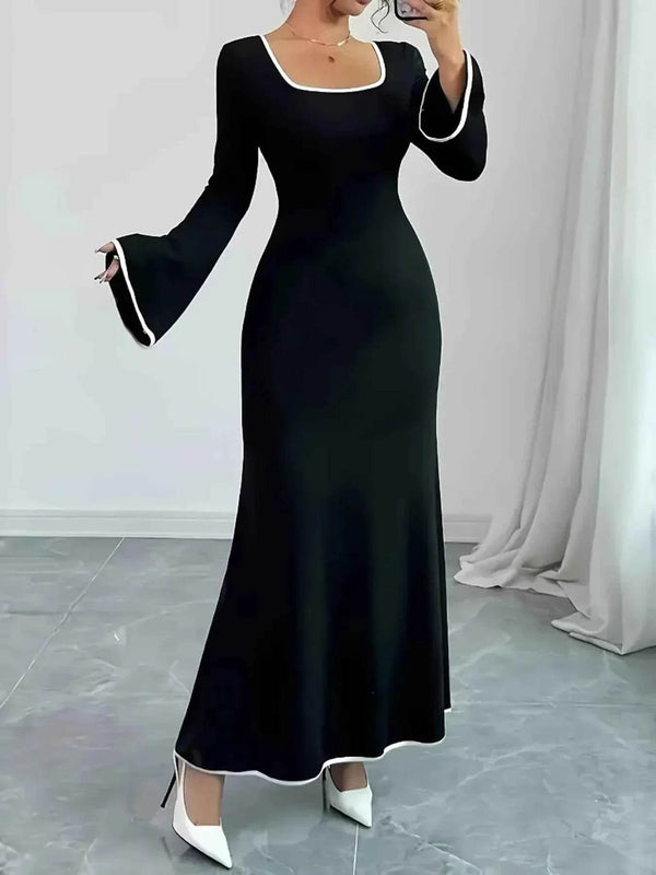 Plus Size Contrast Trim Square Neck Long Sleeve Maxi Dress - GiFTiFY