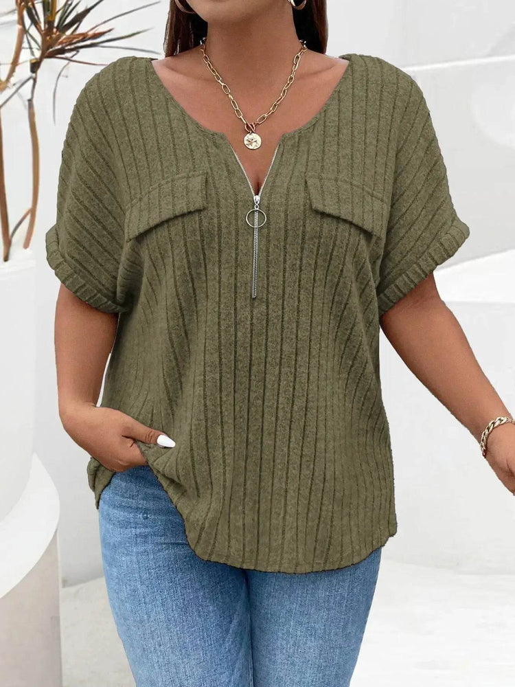 Plus Size Ribbed Half Zip Relaxed Fit T-Shirt - GiFTiFY