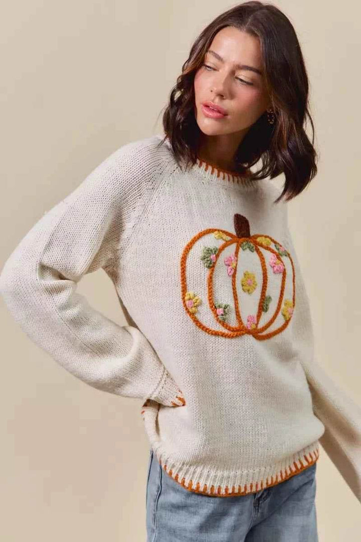 SO ME Pumpkin Floral Embroidered Thanksgiving Sweater - GiFTiFY