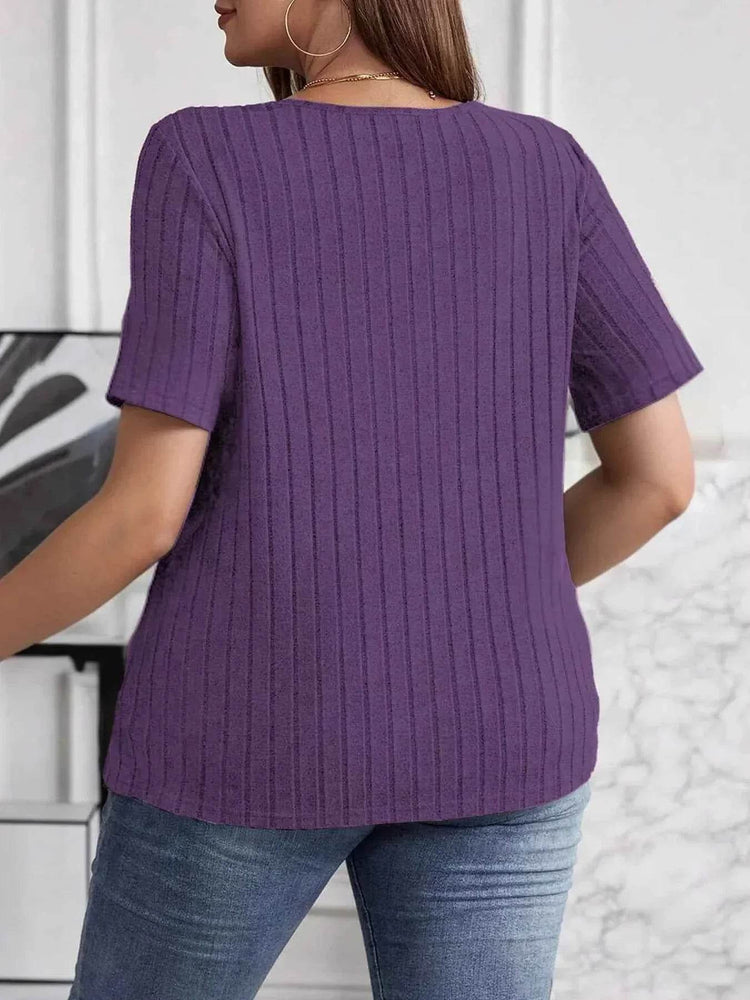 Plus Size V-Neck Short Sleeve Ribbed T-Shirt - GiFTiFY