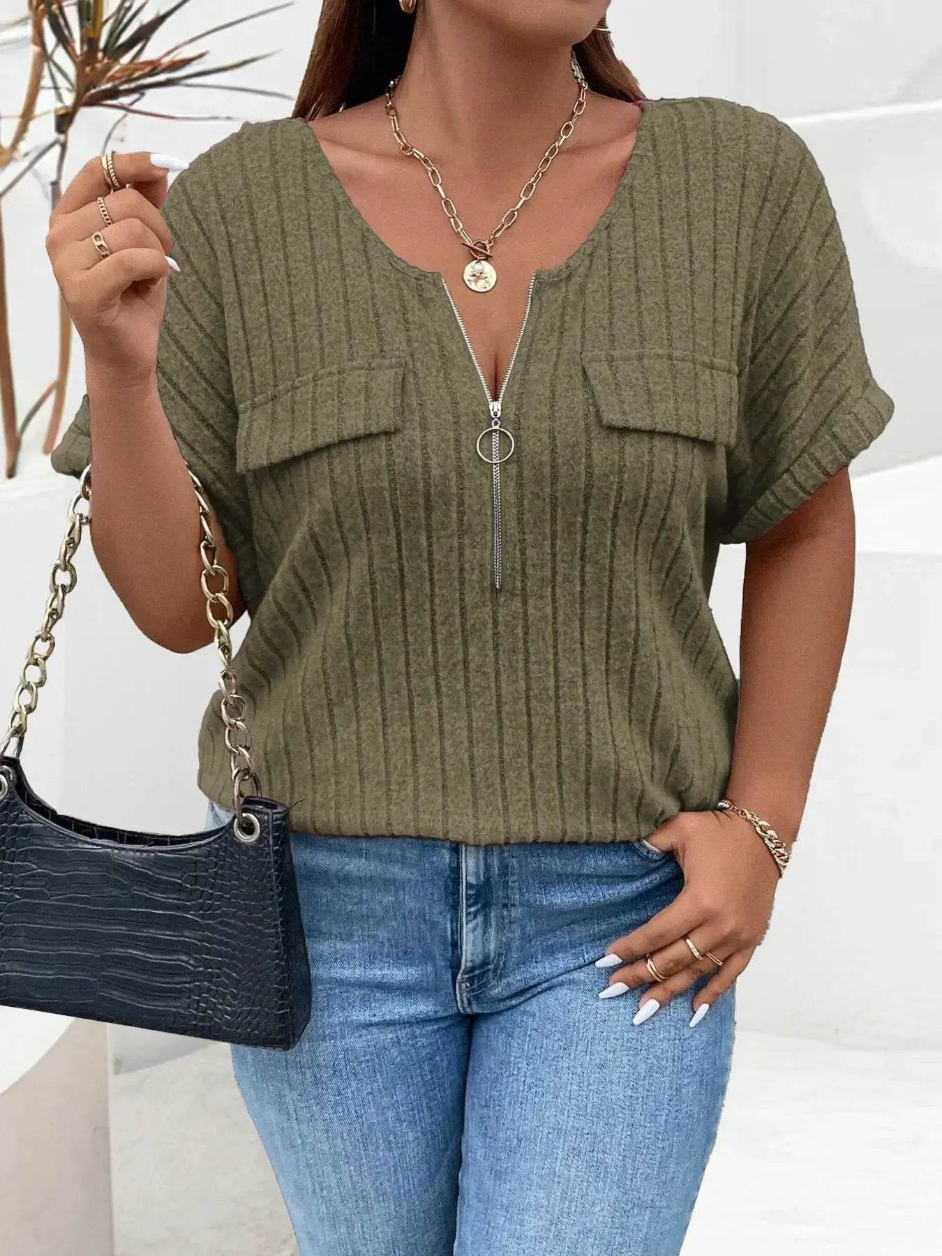 Plus Size Ribbed Half Zip Relaxed Fit T-Shirt - GiFTiFY