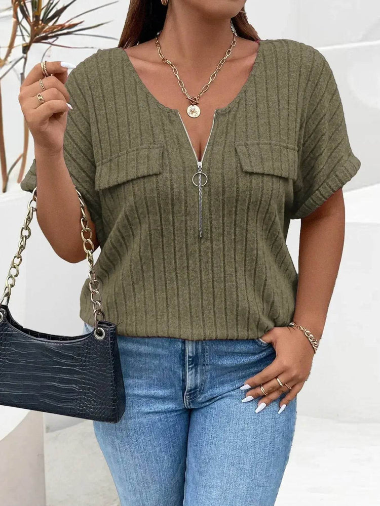Plus Size Ribbed Half Zip Relaxed Fit T-Shirt - GiFTiFY