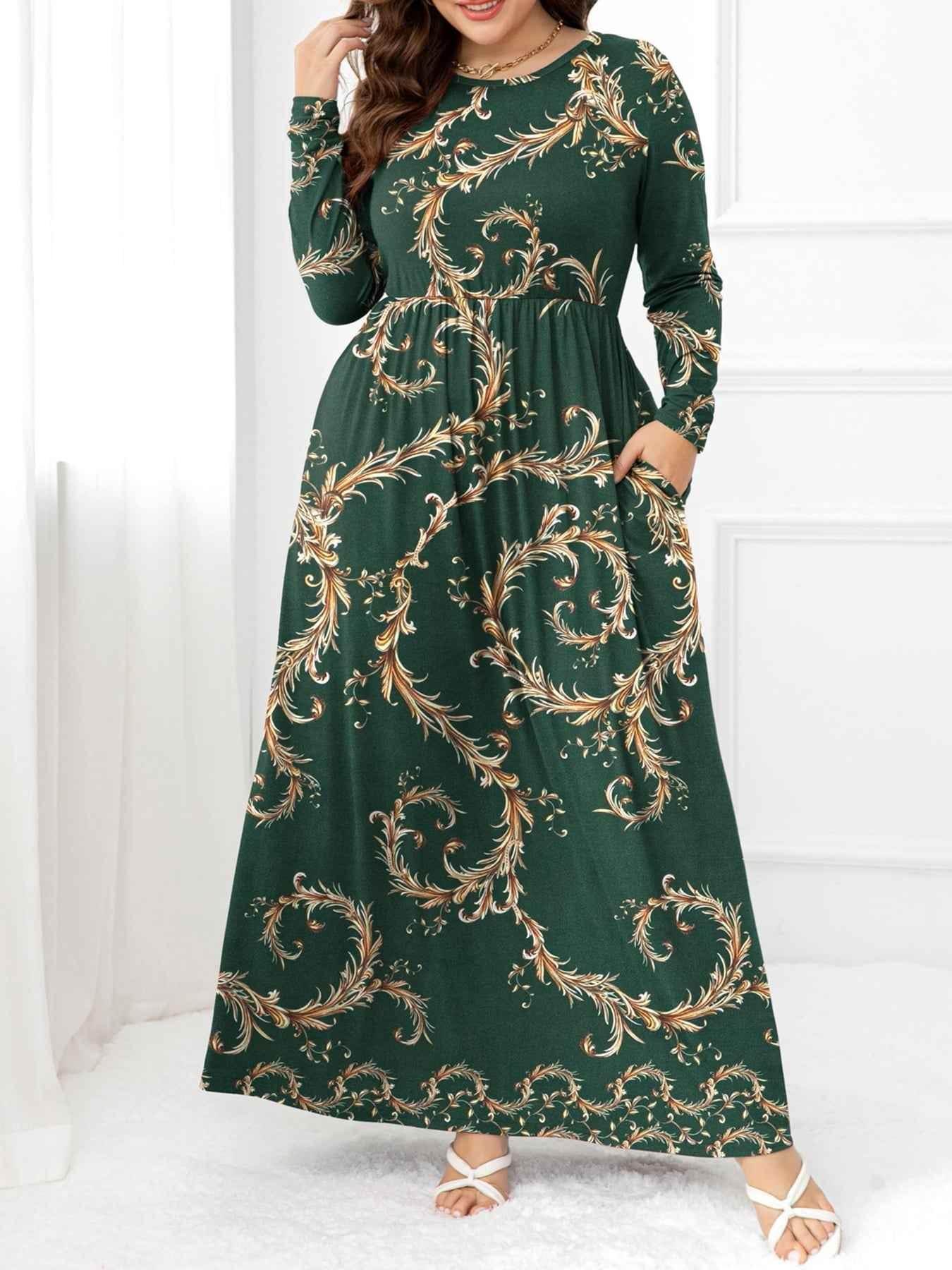 Plus Size Round Neck Maxi Dress with Pockets - GiFTiFY