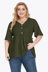 Plus Size Buttoned V-Neck Frill Trim Babydoll Blouse - GiFTiFY