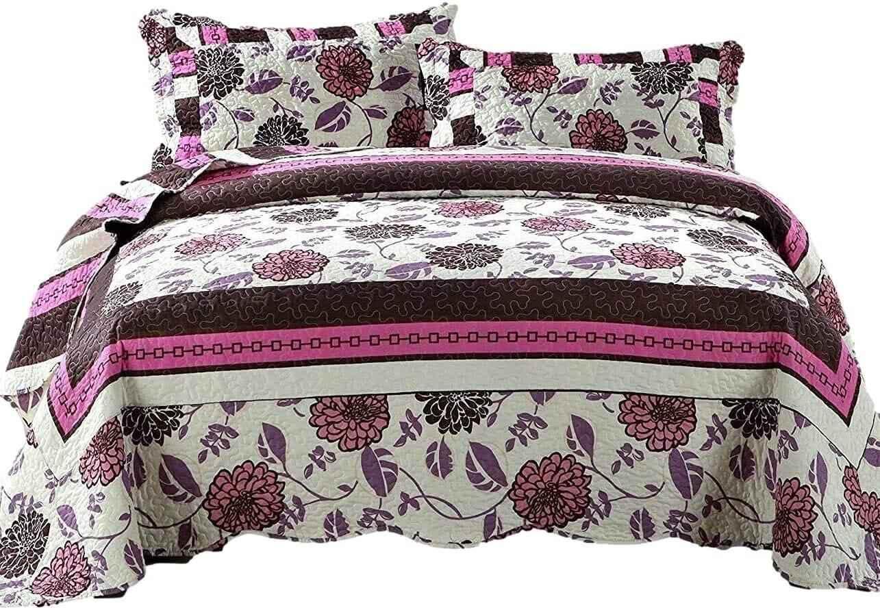 DaDa Bedding Bohemian Purple Blooms Floral Garden Pink Brown Bedspread Set (KBJ1629) - GiFTiFY