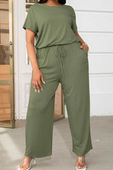 Plus Size Drawstring Waist Short Sleeve Jumpsuit - GiFTiFY