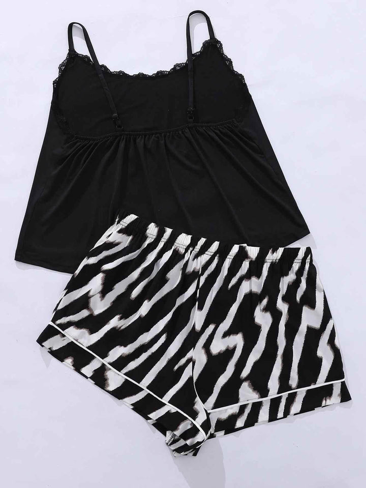 Plus Size Lace Trim Scoop Neck Cami and Printed Shorts Pajama Set - GiFTiFY
