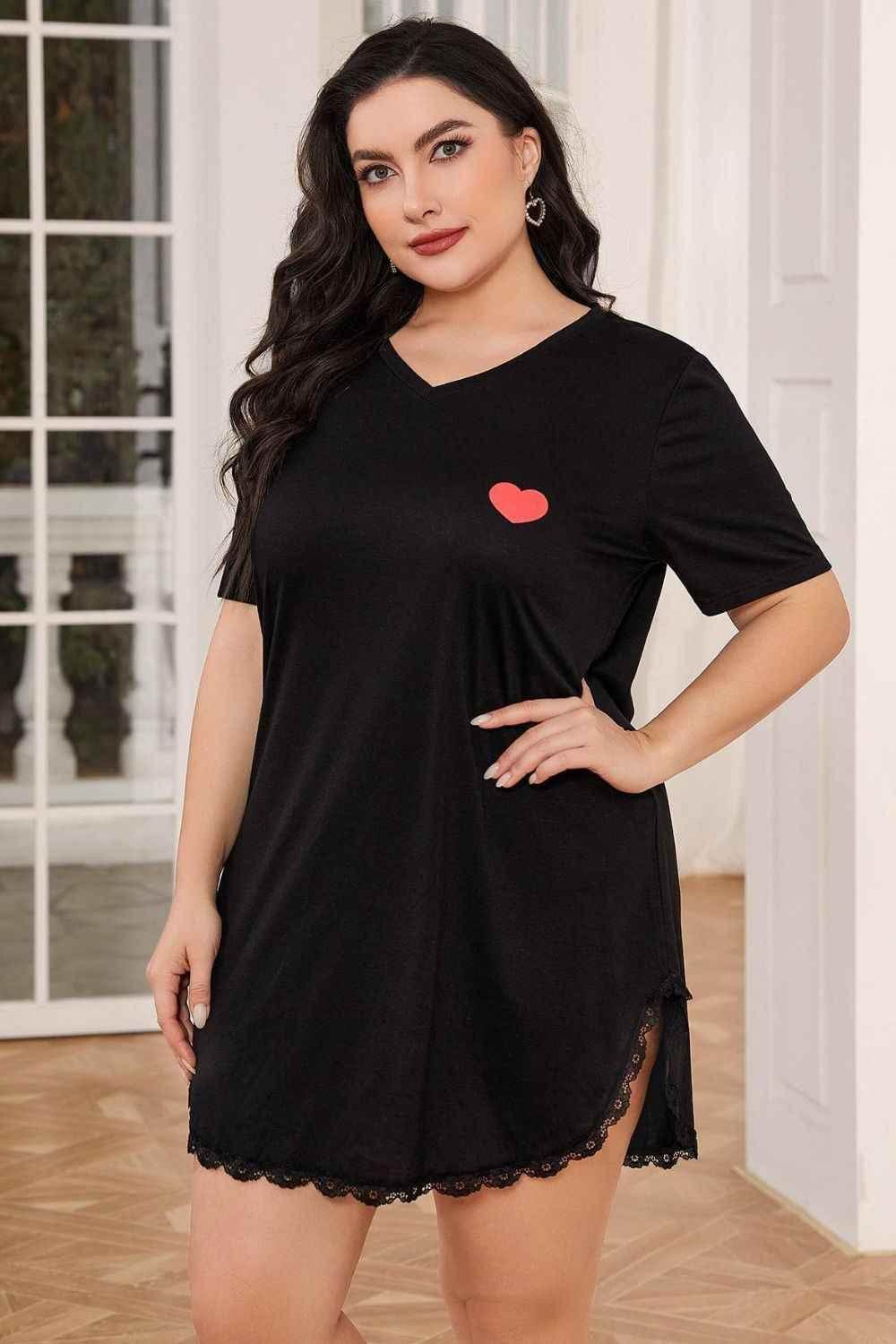 Plus Size Lace Trim V-Neck Short Sleeve Night Dress women Attire by Trendsi