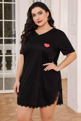 Plus Size Lace Trim V-Neck Short Sleeve Night Dress - GiFTiFY