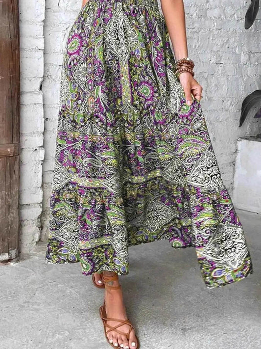 Plus Size Printed V-Neck Short Sleeve Midi Dress - GiFTiFY