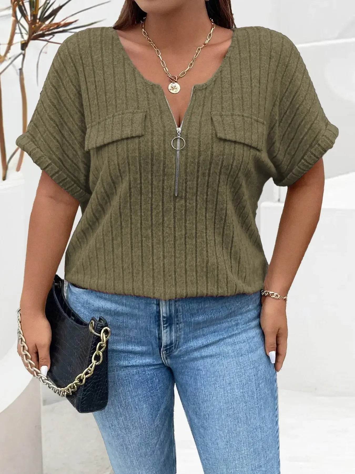 Plus Size Ribbed Half Zip Relaxed Fit T-Shirt - GiFTiFY