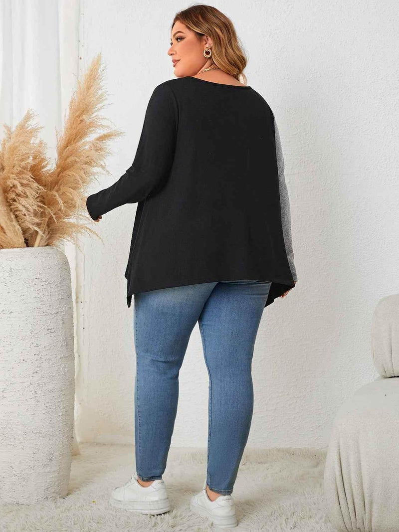 Honey Plus Size Contrast Notched Neck T-Shirt women Attire by Trendsi