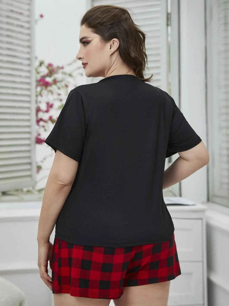 Plus Size Round Neck Tee Shirt and Plaid Shorts Lounge Set - GiFTiFY