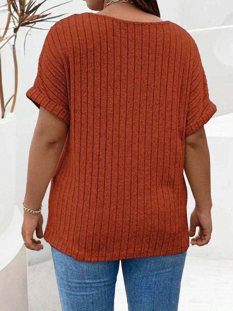 Plus Size Ribbed Half Zip Relaxed Fit T-Shirt - GiFTiFY