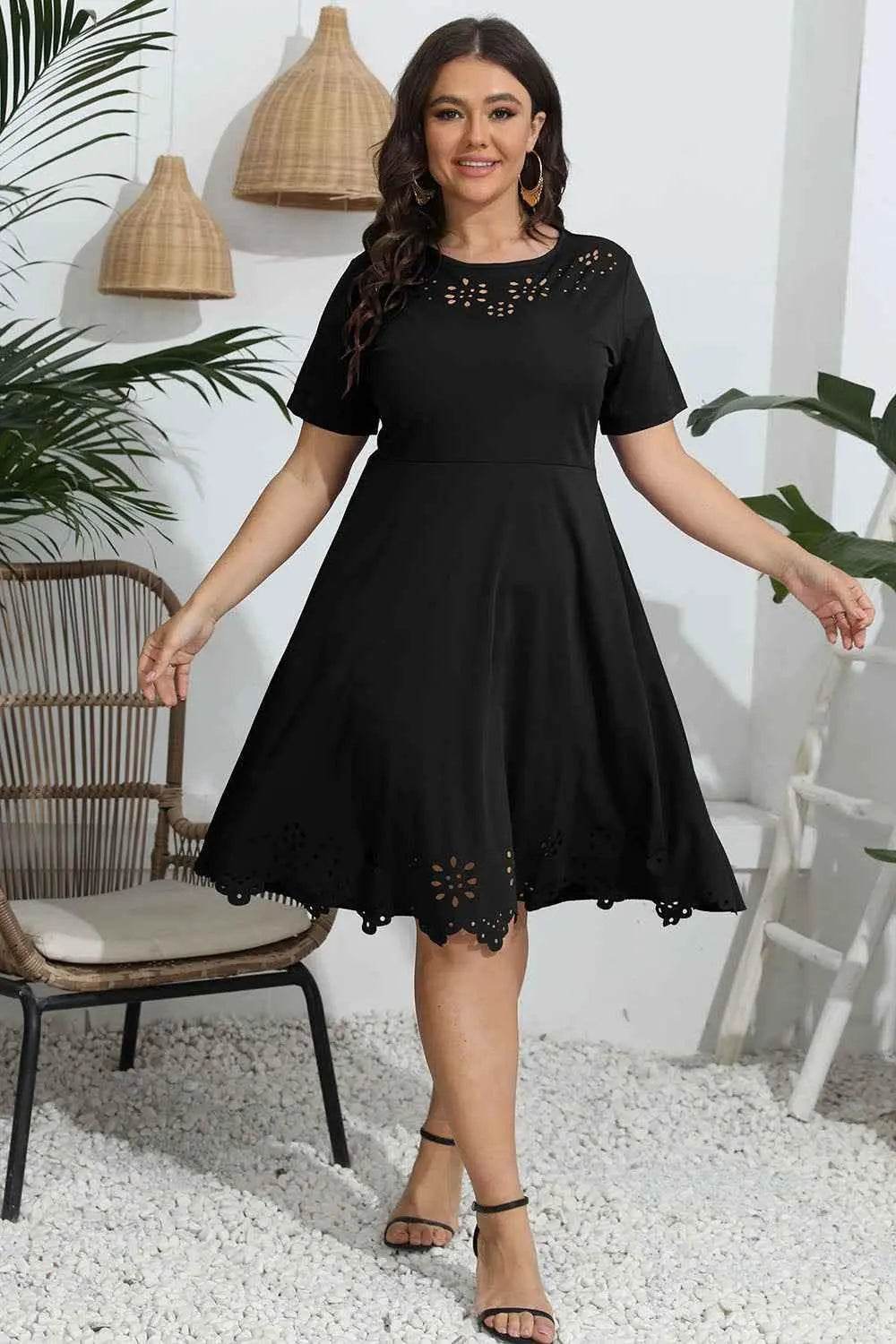 Plus Size Round Neck Openwork Dress - GiFTiFY