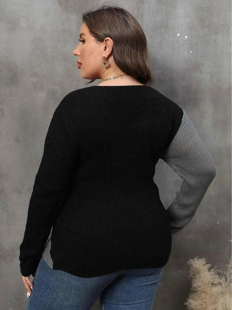 Plus Size Two-Tone Surplice Neck Sweater - GiFTiFY