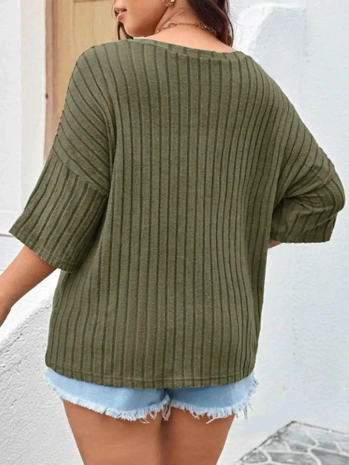 Plus Size V-Neck Ribbed Knit T-Shirt - GiFTiFY
