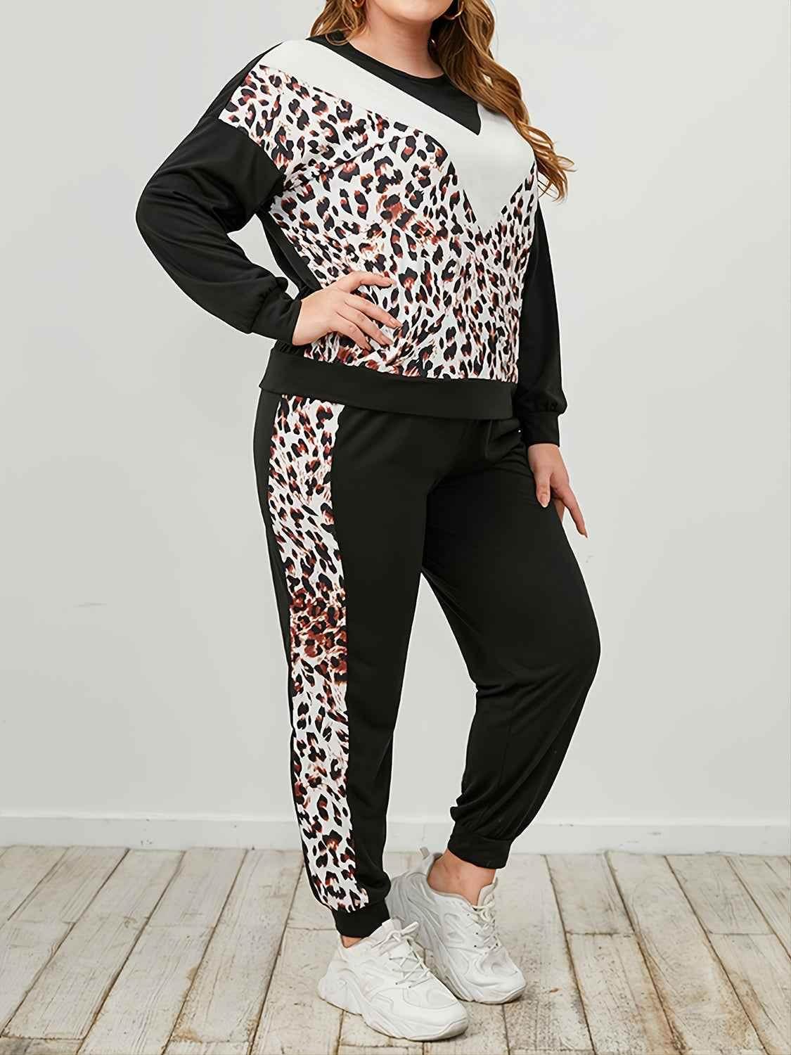 Plus Size Leopard Sweatshirt and Sweatpants Set - GiFTiFY