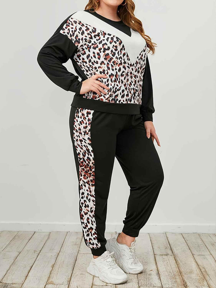 Plus Size Leopard Sweatshirt and Sweatpants Set - GiFTiFY