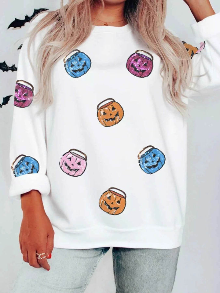Halloween Pumpkin Lantern Sequin Patched Sweatshirt - GiFTiFY