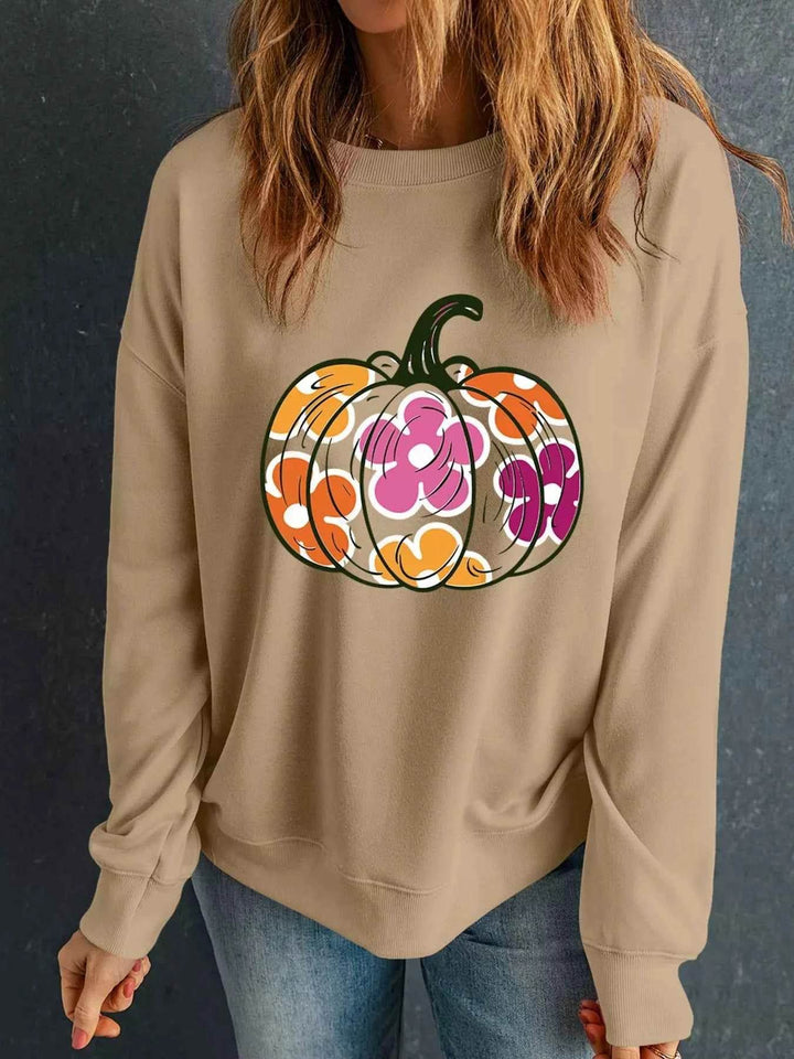 Halloween Floral Pumpkin Graphic Drop Shoulder Sweatshirt - GiFTiFY