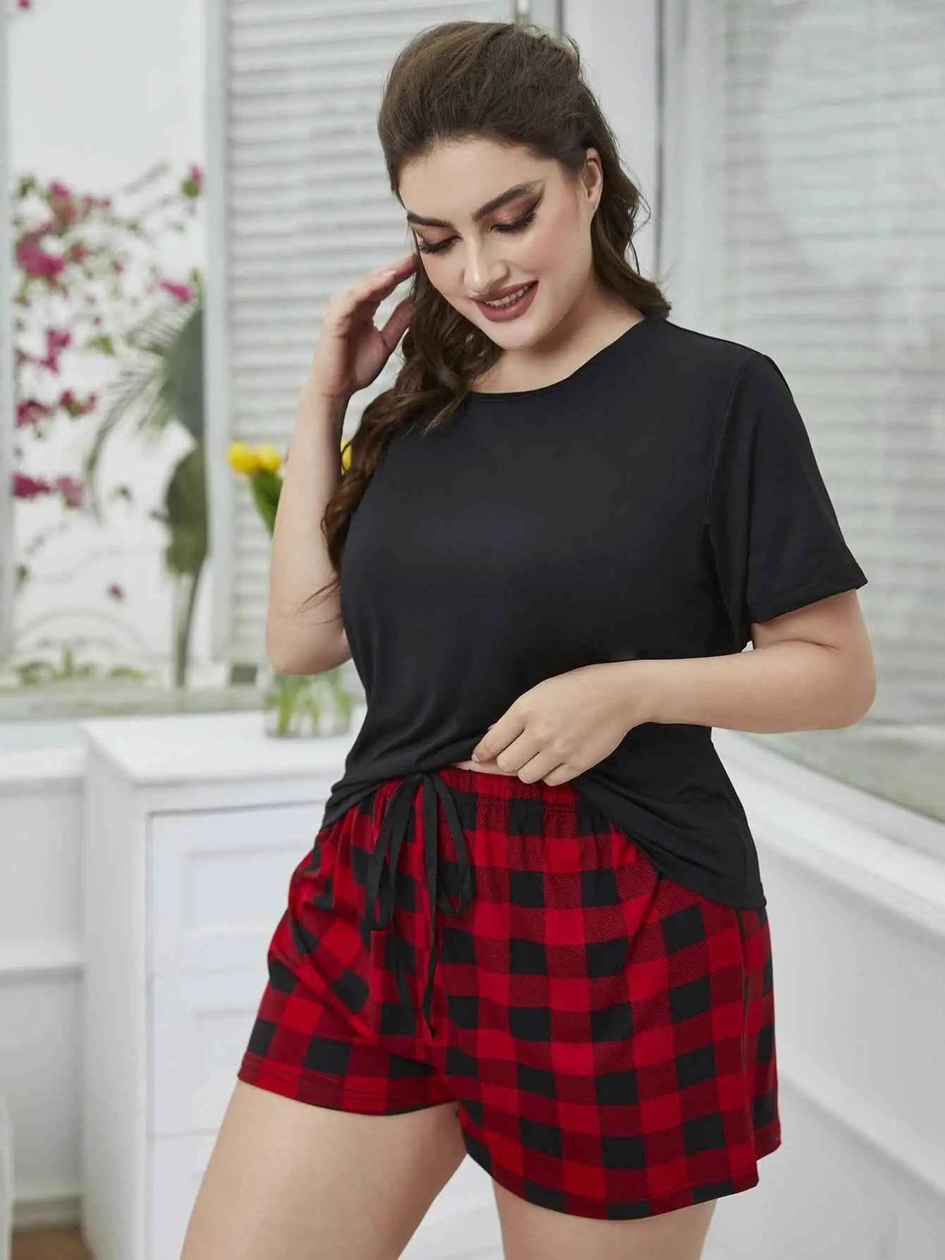 Plus Size Round Neck Tee Shirt and Plaid Shorts Lounge Set - GiFTiFY