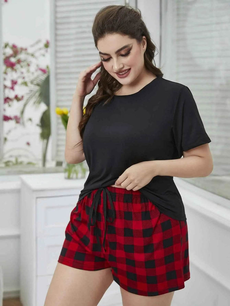 Plus Size Round Neck Tee Shirt and Plaid Shorts Lounge Set - GiFTiFY