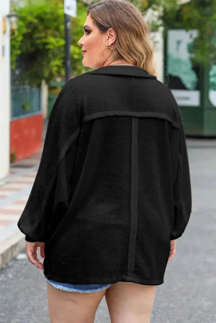 Plus Size Half Button Collared Neck Long Sleeve Blouse - GiFTiFY