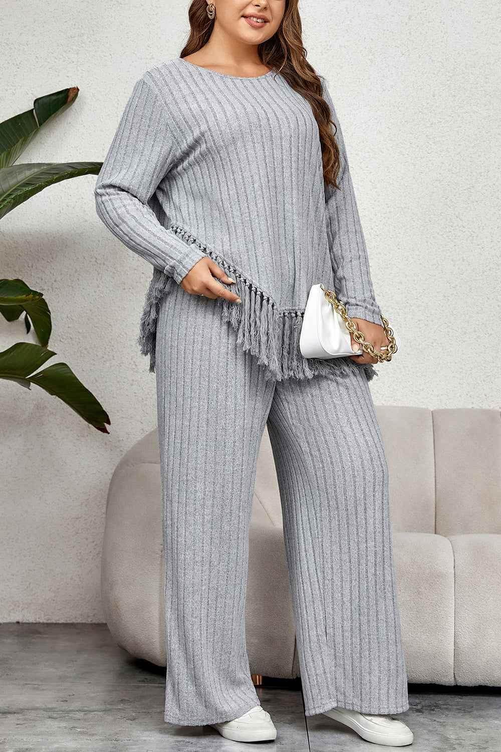 Honey Plus Size Tassel Hem Top and Pants Set - GiFTiFY