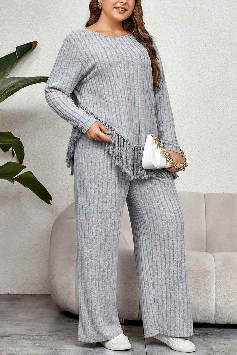 Honey Plus Size Tassel Hem Top and Pants Set women Attire by Trendsi