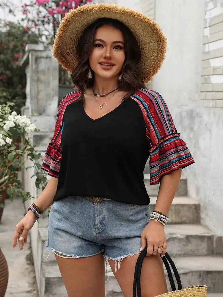 Plus Size V-Neck Flounce Sleeve Top - GiFTiFY