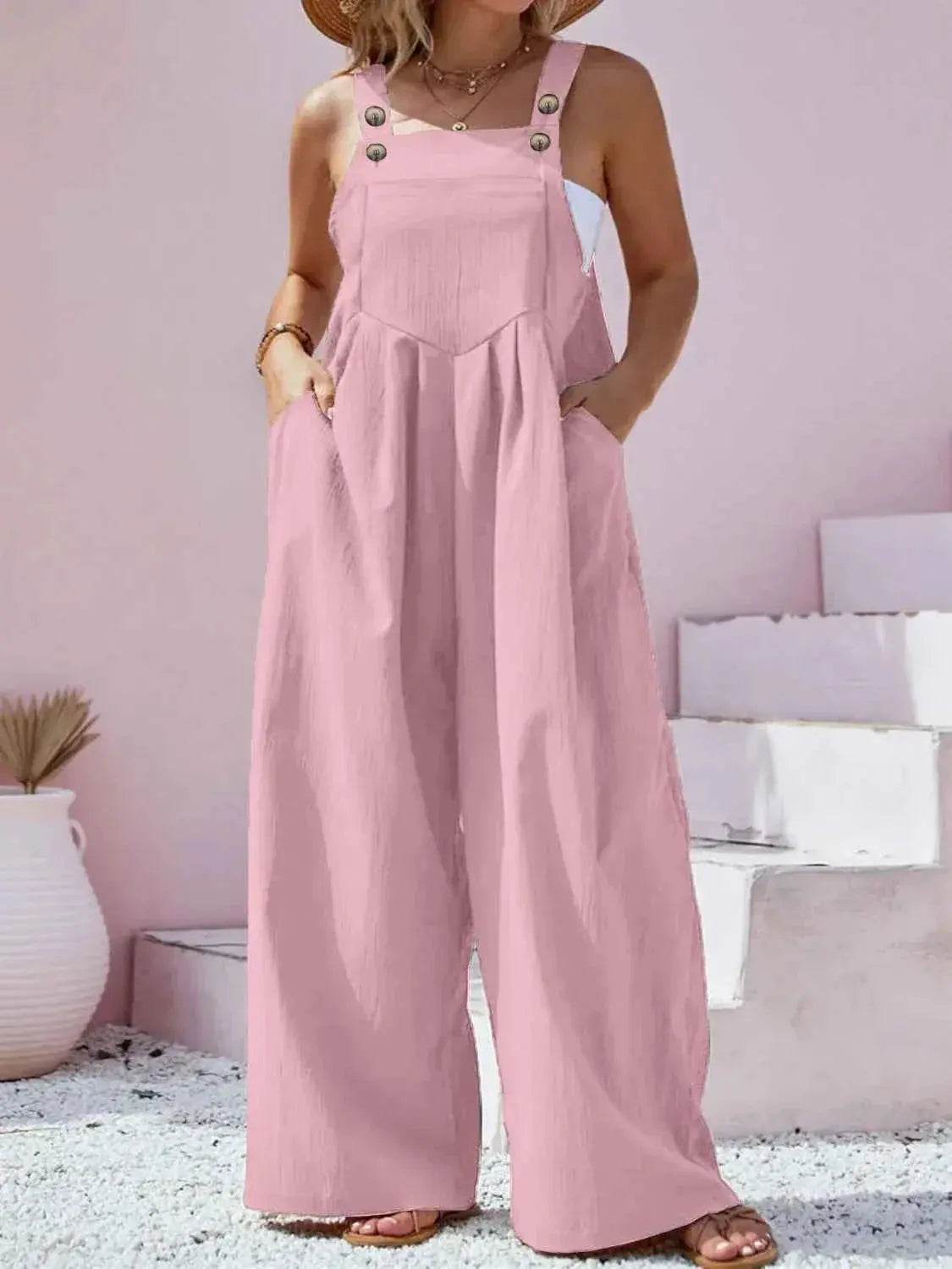 Plus Size Square Neck Wide Leg Overalls - GiFTiFY